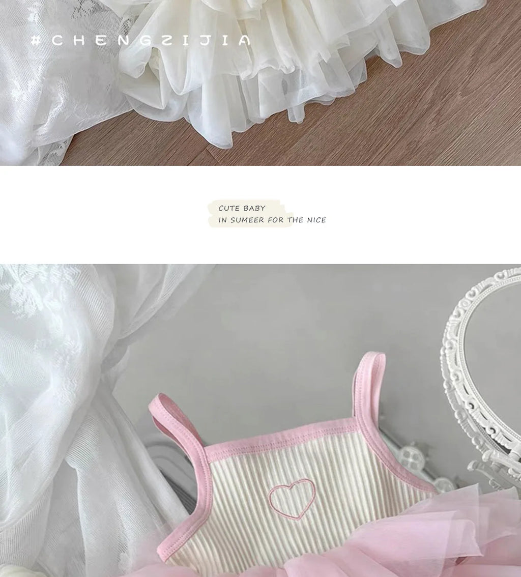 ZOETOPKID Summer Girl Princess Dress Stylish Baby Strap Vest Layered Dress Korean Puffy Mesh Skirt Toddler Kids Trendy Skirts