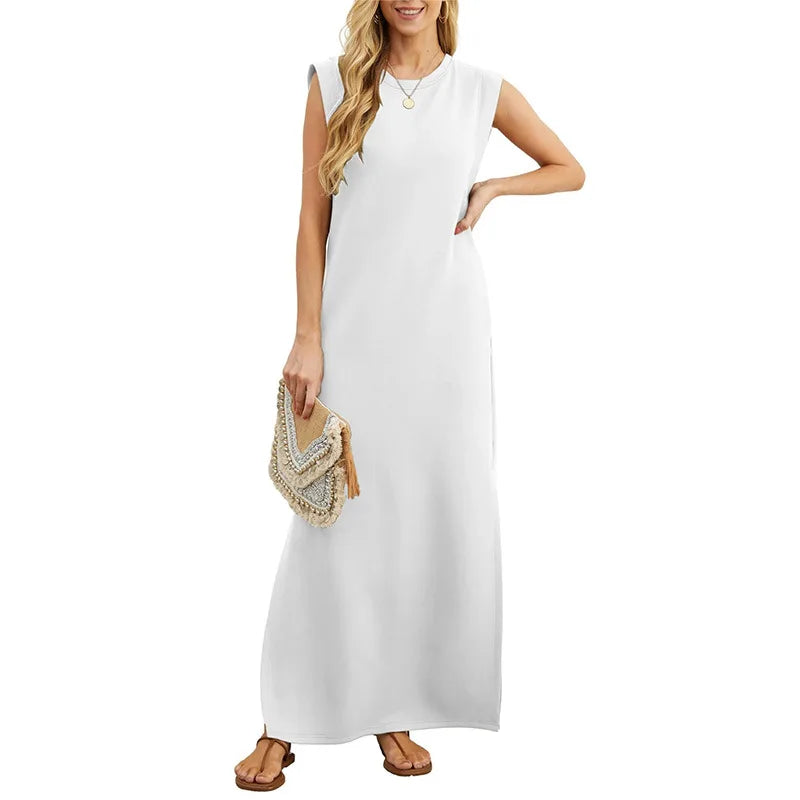 Lady Casual Solid Color Streetwear Summer Fashion Sleeveless Loose Long Dress Woman's Simple Style Slit Hem With Pocket Vestidos