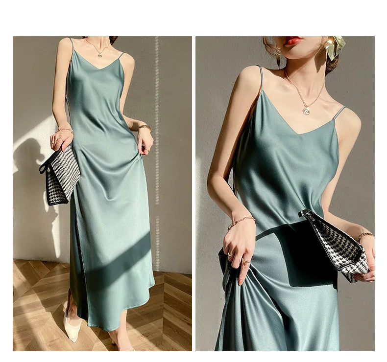 Sexy Solid Color Camisole Nightgown for Women Midi Length Sleeveless Slip Dress Inner Layer Base Dress Home Sleepwear Nightwear