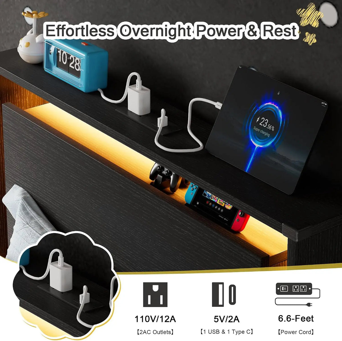 Twin Bed Frames with LED Lights and Charging Station - Wood Floating Bed Frame with Storage Headboard, Adhesive Slats, Kick-Free