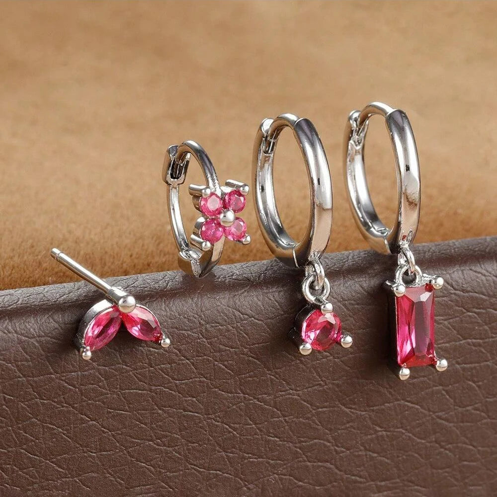 Cubic Zirconia Flower Hoop Earrings 4 Piece Set 18K Gold Plated Stainless Steel For Women