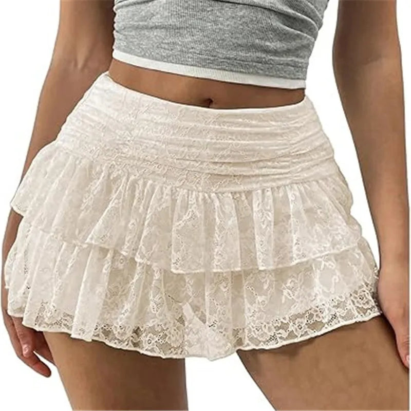 Ladies Cute Ruffle Bloomer Skirt Summer Floral Lace High Rise Tiered Flowy Mini A Line Skirt