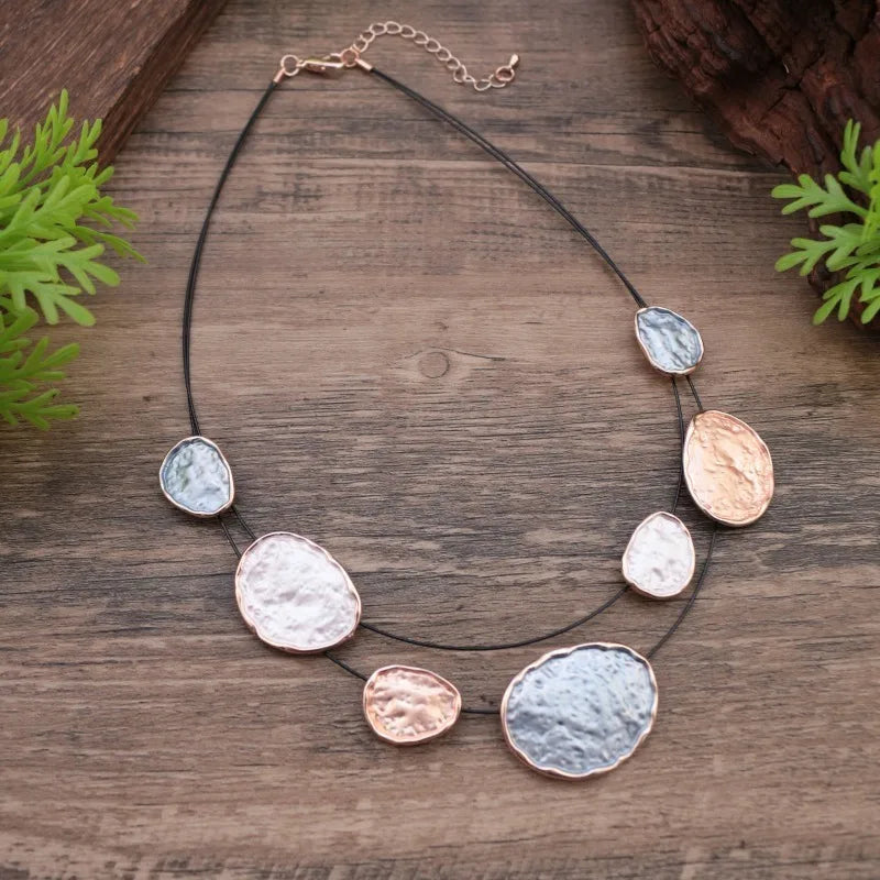 Bohemian Irregular Enamel Necklace Rose Gold Plated Multicolored Disc Double-Layer Necklace Adjustable Chain Jewelry Gift
