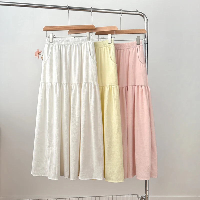 Summer Women Skirts Vintage High Waist Elastic Patchwork White Long skirt Chic pink skirt Long Cake A-line Skirt