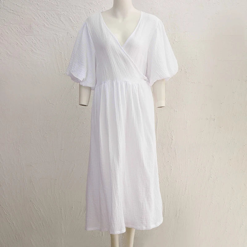 Vintage 100% Cotton Women's Dress Retro Crepe Gauze V-Neck Puff Sleeve Bandage Lace Up Elegant Dresses For Women Long Maxi Robe