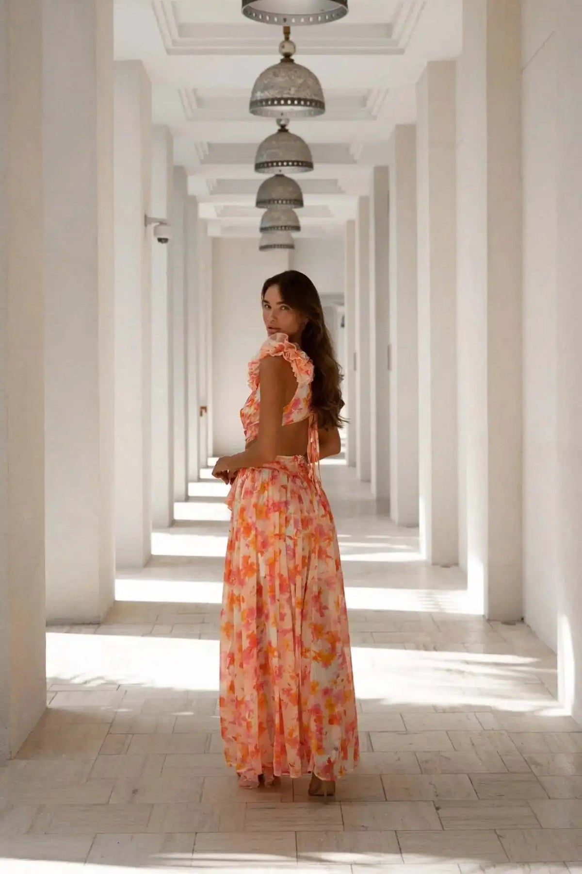 Deep V-Neck Backless Slim Fit Ruffled Floral Dress Summer Vacation Sexy Print Long Dress