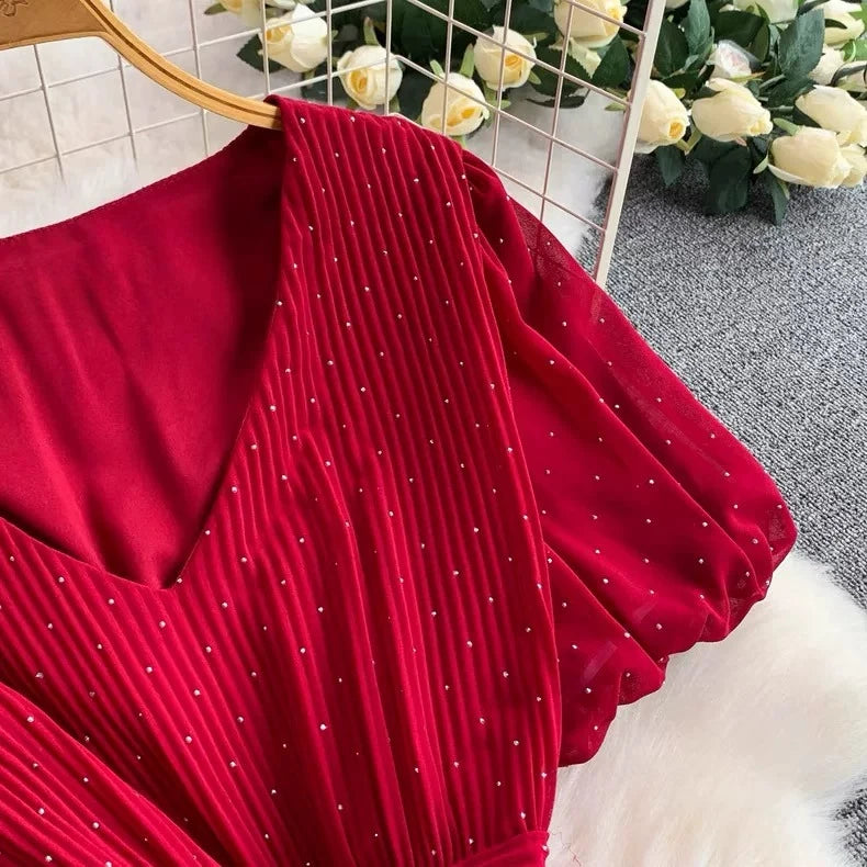 Summer Polka Dot Woman Elegant Dress Fashion V Neck Puff Sleeve Vestidos Korean A-Line Pleated Dresses 2026 Vestidos De Mujer