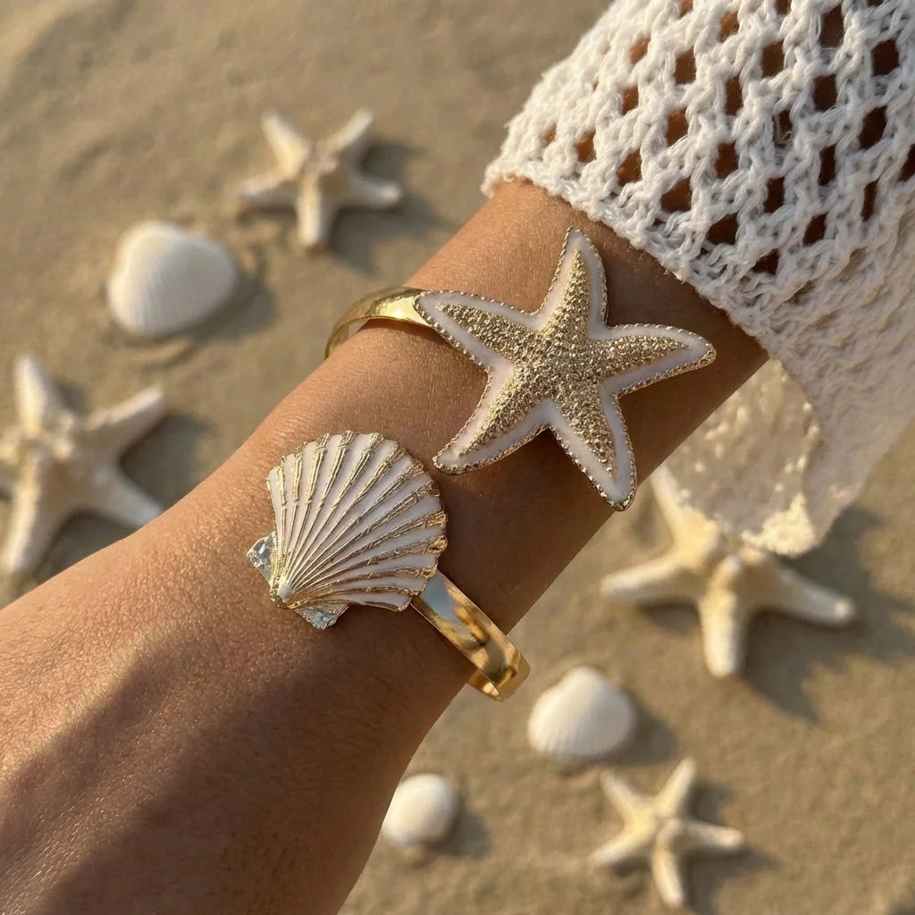 Enamel Flower Open Cuff Bracelet For Women Elegant Gold Plated Floral Beach Jewelry
