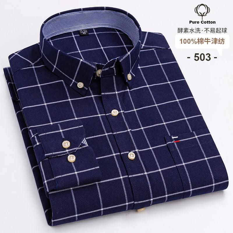 Men's 100% Cotton Oxford Plaid Dress Shirt - Long Sleeve Slim Fit
