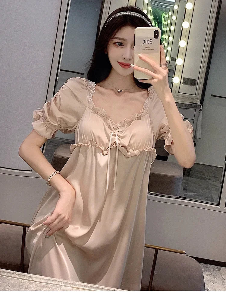 Satin Long Nightgown Women Sweet Lovely French Sleepwear Retro Silk Short Sleeve Sleepshirt Ladies Fashion Nightdress Home Dress