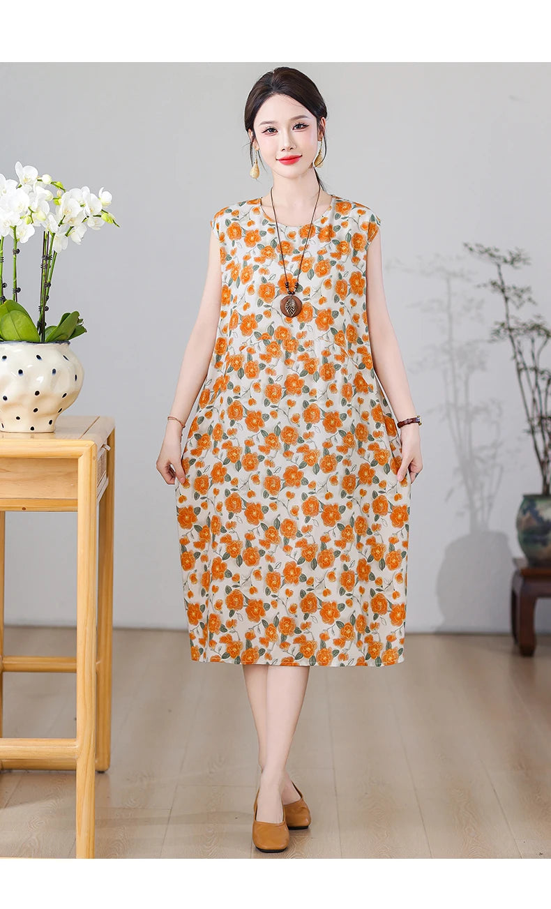 New Fashion Vintage Floral Print  Sleeveless Casual Party Femme Summer Dresses For Women 2025 O-neck Straight Women Clothing
