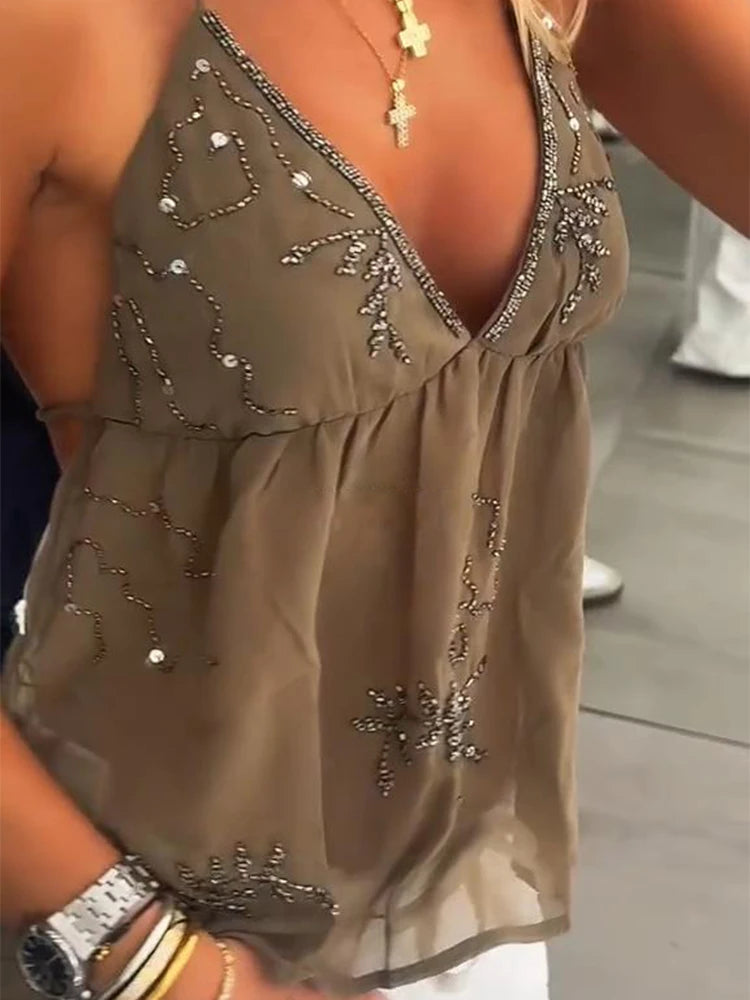 Sequins Bead Snowflake Midi Dress Women'S Fashion Sleeveless Backless Ruffle Pleated Dresses 2026 Summer Evening Vestido