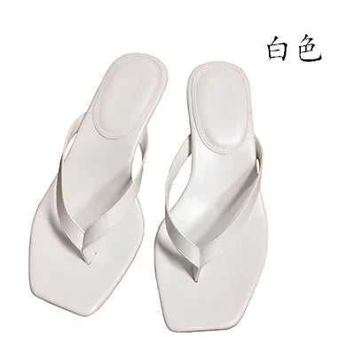 2024Summer New Leather High Heels Herringbone Slippers For Women'S Wearing French Fairy Style Square Toe Clip Sandals