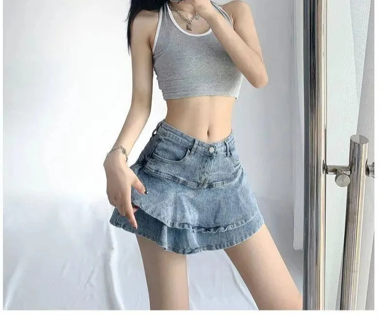 Harajuku Y2k Kawaii Hot Girl Denim Skirt College Style Women Pleated Skirt Jeans Casual High Waist Mini A-line Short Skirt