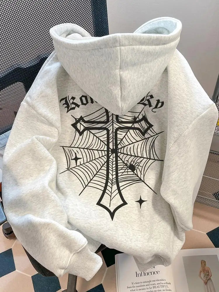 Spider Cross Print Fleece Hooded Sweatshirt - Men's Casual Pullover