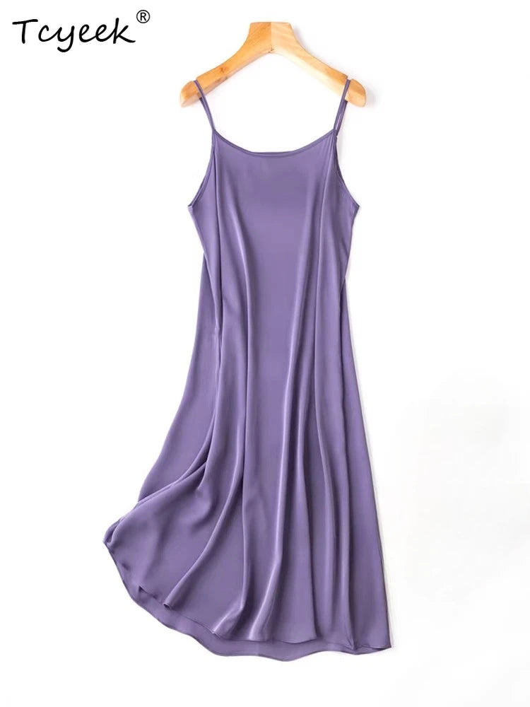 Tcyeek Women Silk Dress 93%Silk 7%Spandex Spaghetti Strap Mid Dresses 2024 Summer New Clothes Blue
