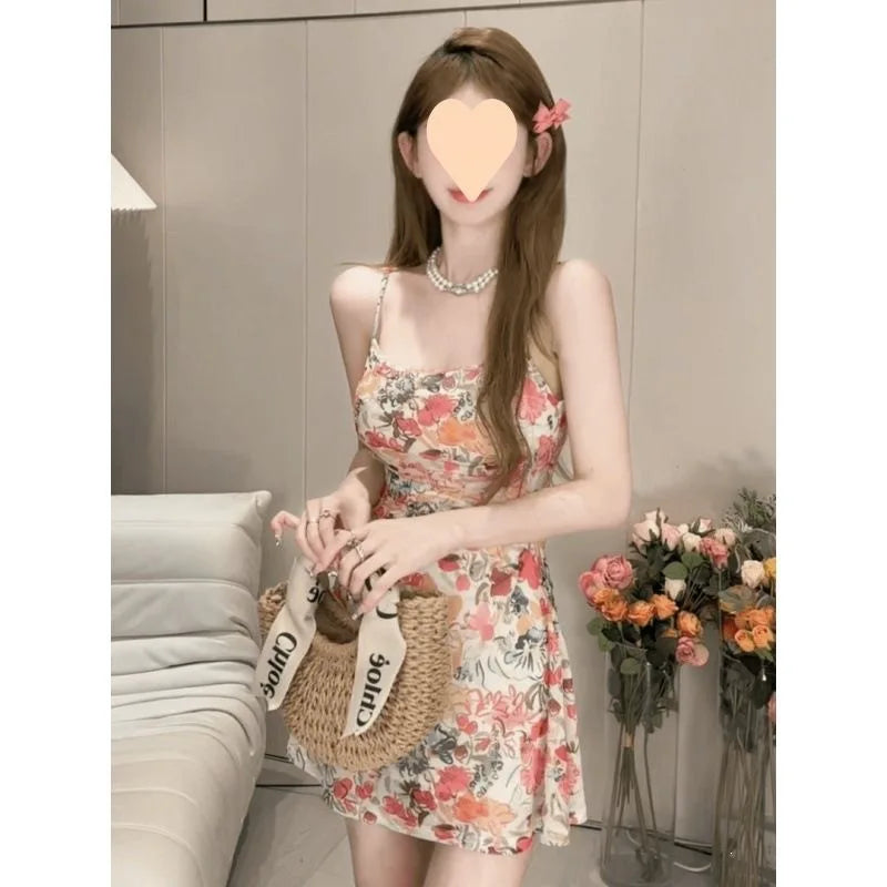 Retro American Vacation Style Floral Print Halter Dress Women's Summer Sweet Spicy Waist Cinching Skirt Elegant Fashionable S...