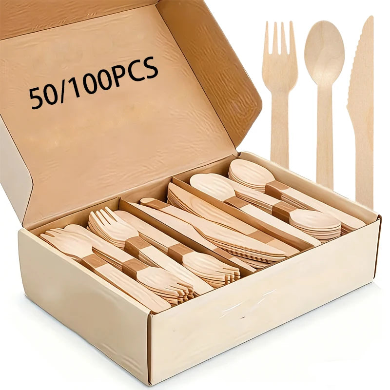 50/100PCS Disposable Wooden Tableware Wedding Party Wooden Knife Fork Spoon Tableware for Tasting Yogurt Ice Cream Cake