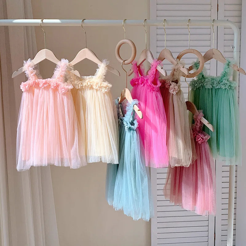 Kids Sweet Mesh Dress 1-6T Summer Children Mesh Tulle Princess Slip Tutu Dresses Girls 6 Colors 3D Flower Mermaid Birthday Dress