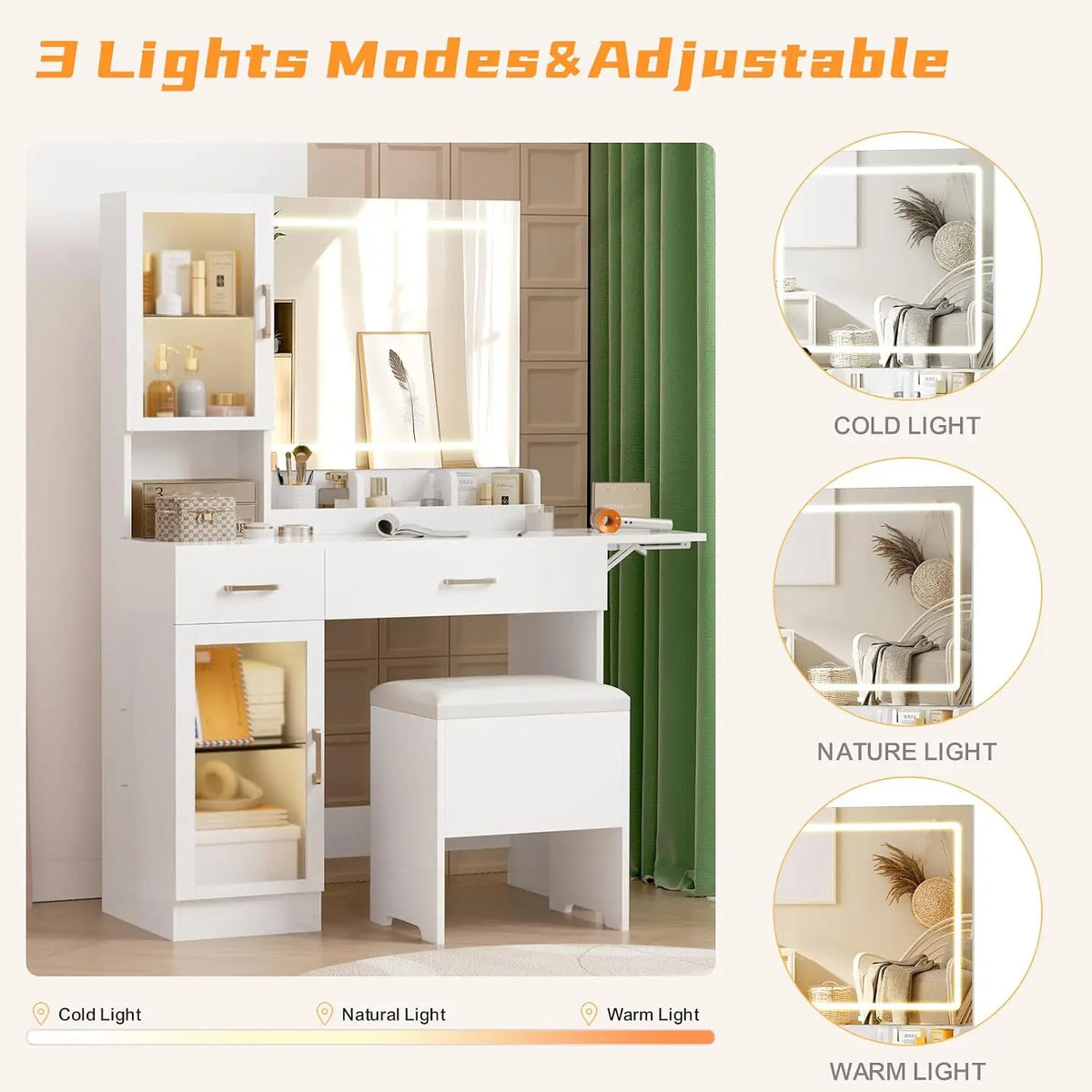 Vanity Desk with Mirror & LED Lights, Makeup Table with Stool & Storage Drawers for Bedroom, Customized