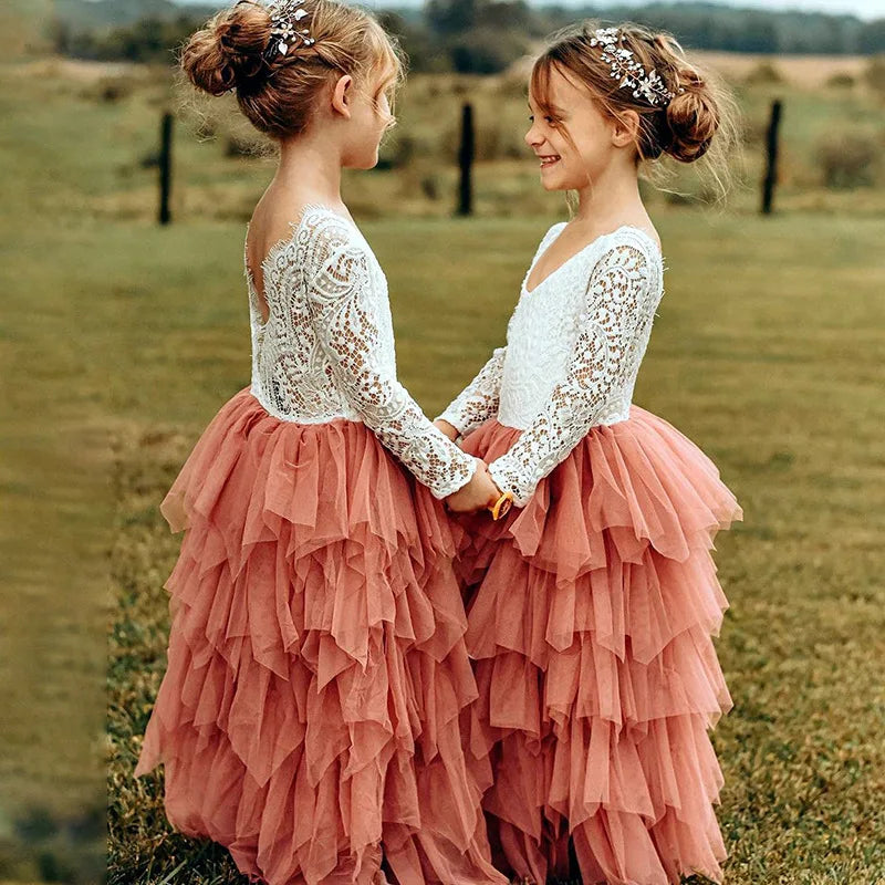 Princess Girls Festival Dress for 6m To 13 Years Old Elegant Flower Girl Vacation Layered Dress Lace Backless Evening Dresses