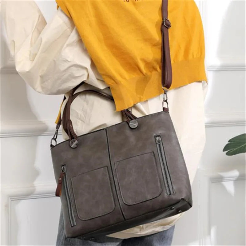 Retro Leather Handbag Shoulder Bag for Women with Double Pocket, Large Capacity, Vintage Lady's Tote Bag, Simple Crossbody Bags
