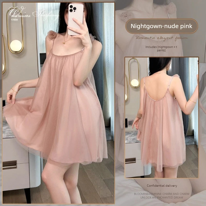 Sweet Cute New Arrival Solid Color Sexy Floral Mesh Spaghetti Strap Nightdress For Women With Chest Pad Home Sleepwear
