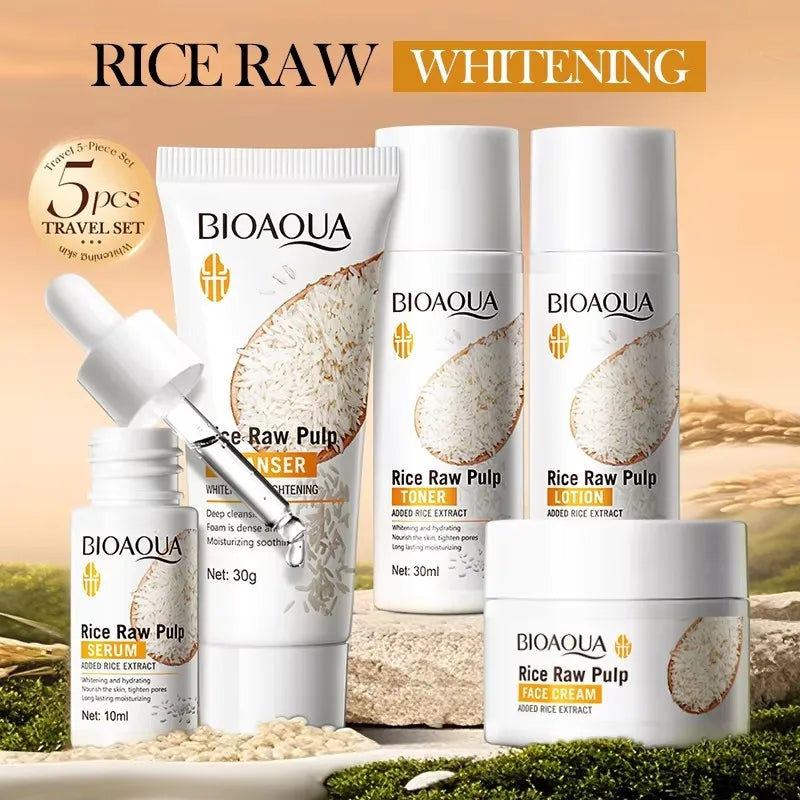 Rice Puree Skin Care Set Hydrating Moisturizing Smoothing Facial Cleanser+Toner+Essence+Lotion+Cream Skin Travel