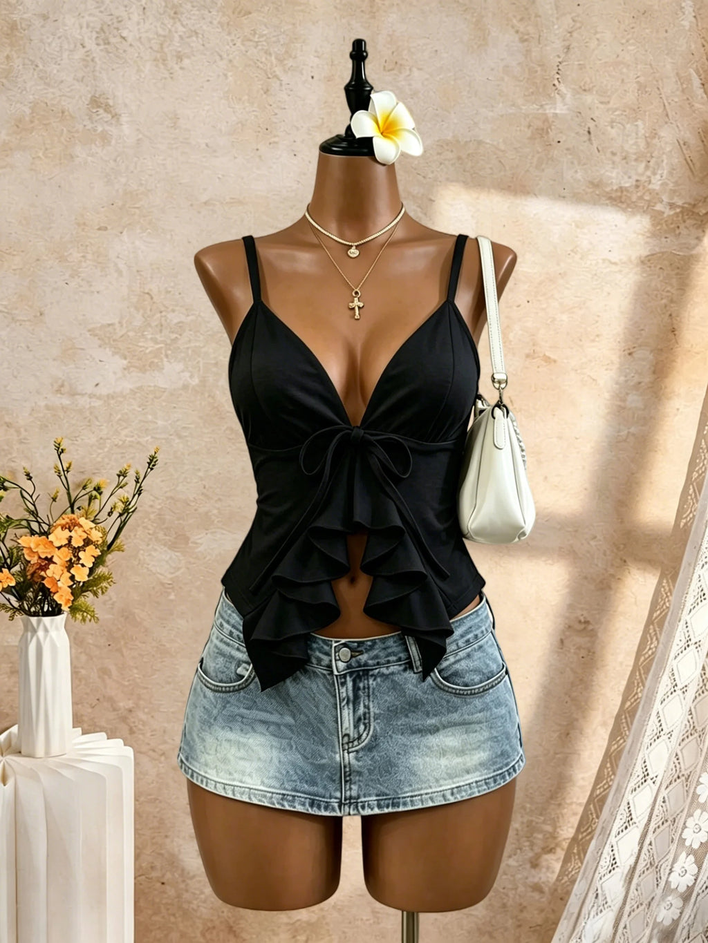 Women Thin Spaghetti Strap V Neck Front Big Tie Ruffle Cutout Slim Camisole 2026 Summer Y2K Going Out Streetwear Tank Tops