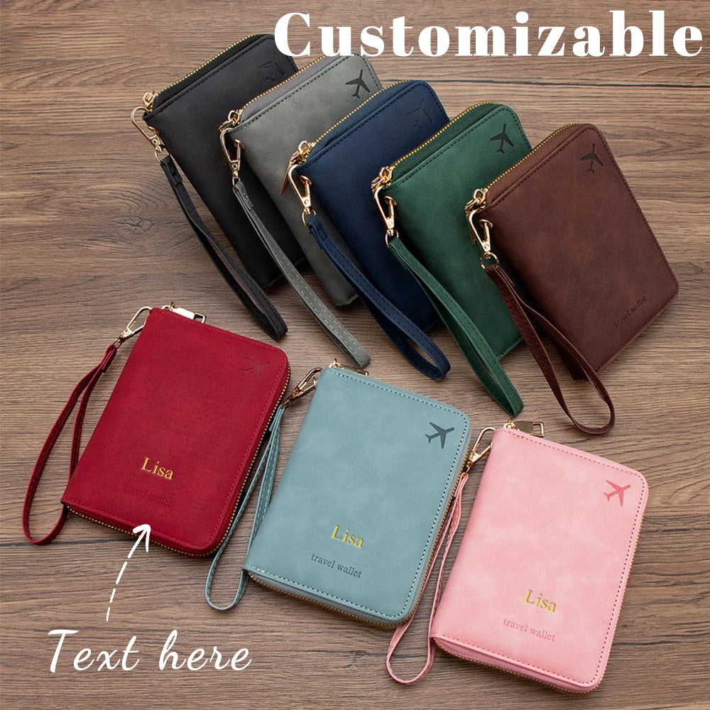 Customized name RFID anti-magnetic passport case with zipper for travel passport holder, multi-functional document storage bag