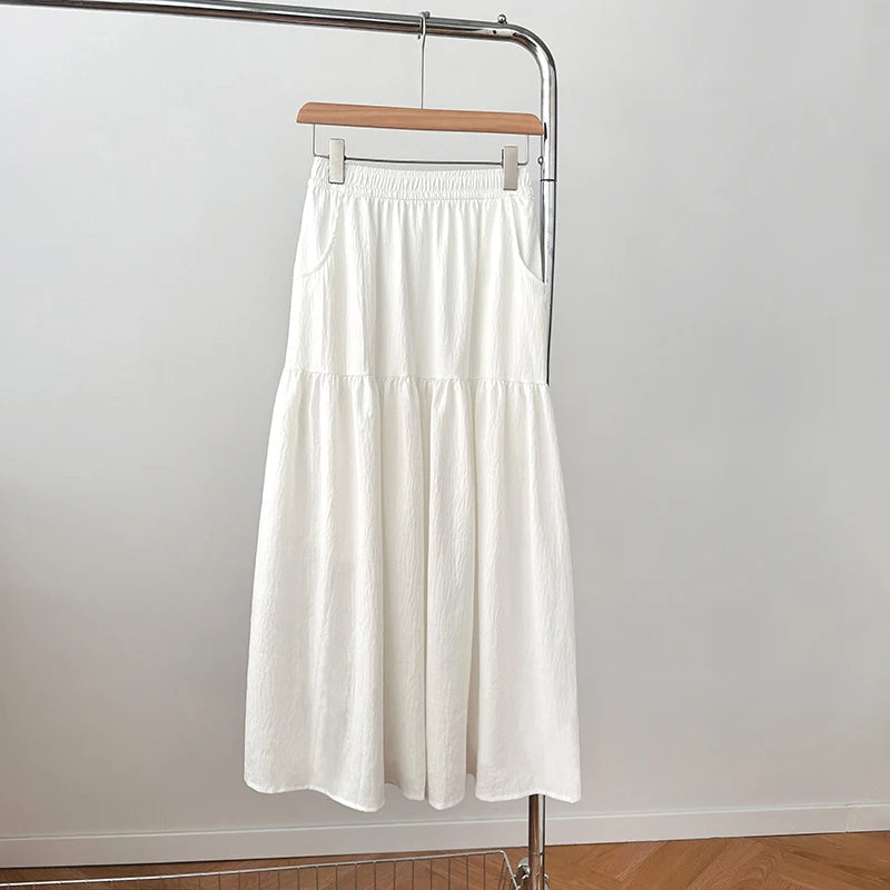 Summer Women Skirts Vintage High Waist Elastic Patchwork White Long skirt Chic pink skirt Long Cake A-line Skirt