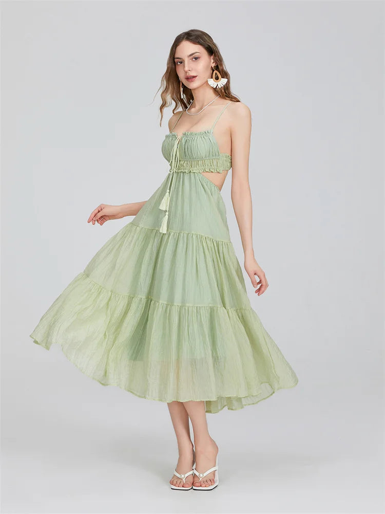 2024 Summer Women Flowy Long Dress Spaghetti Strap Cut Out Backless Ruffle A-line Dress Bohemian Party Holiday Casual Sundress