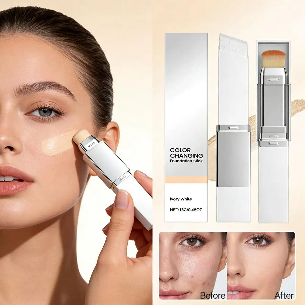 2 in 1 Color Changing Foundation Stick Smart Shade Adjusting Lightweight Creamy Formula Natural Matte Finish Buildable Coverage