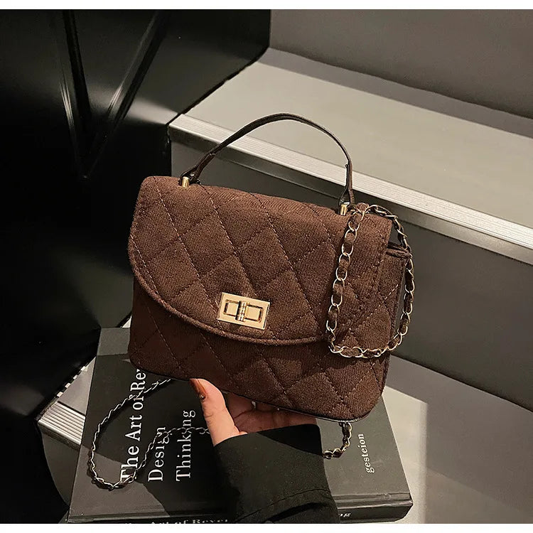 Diamond Grid Chain Crossbody Bag One Shoulder Purse Trendy Flip Top Clutch Women's Fashion Suede Leather Casual Shoulder Bag