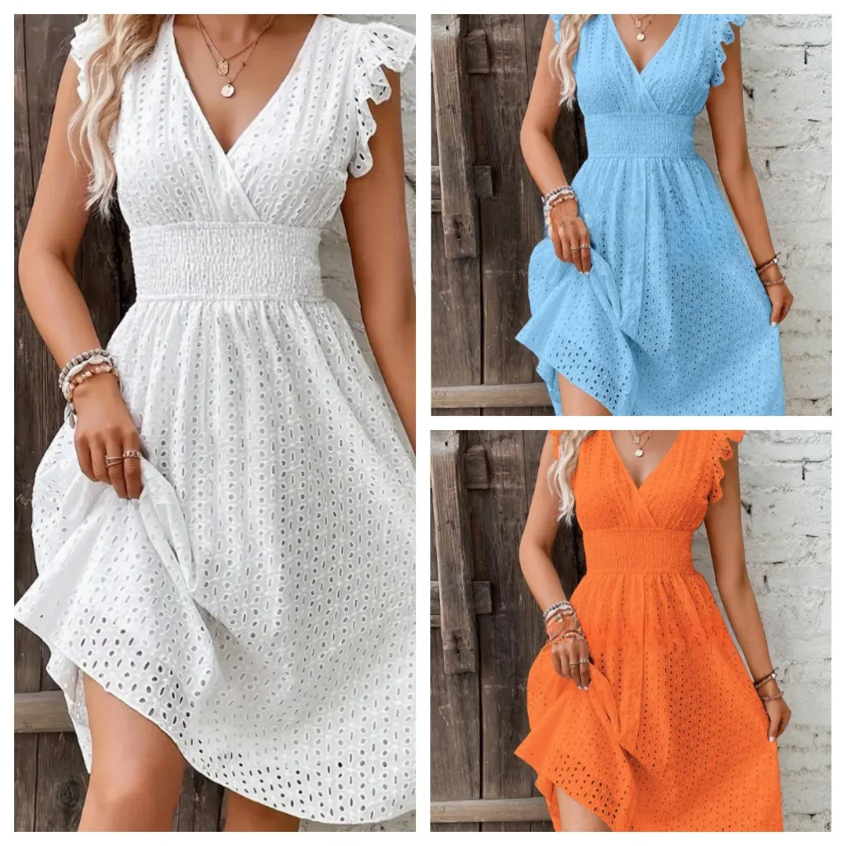 Flare Sleeve Solid Color Hollow Lace Waist Dress Casual Beach Holiday Dresses Summer Women V-Neck Beach Dress