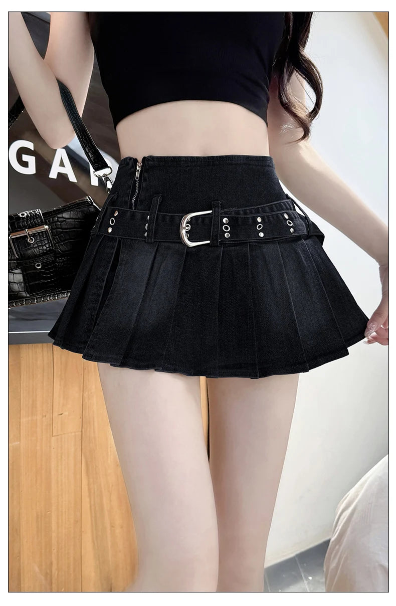 High Waist A-Line  Skirt Women's Denim Pleated Half Body Summer New Style Comfortable Soft Korean Version City Commute