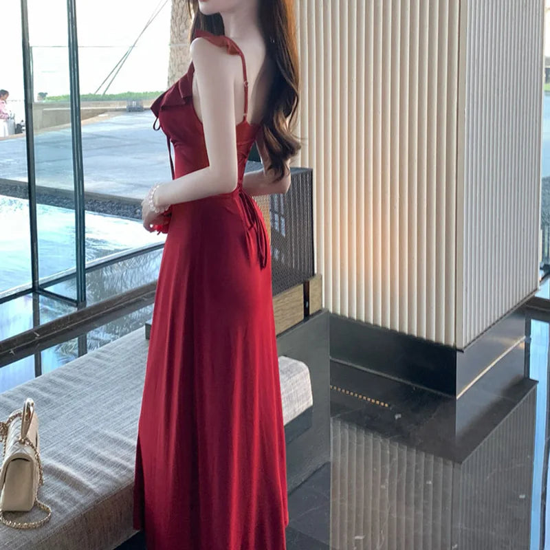 Lady Daily Holiday Leisure Satin Dress Female Gentle Aesthetic Long Bridal Dress Summer Women Party Backless Bandage Dresses