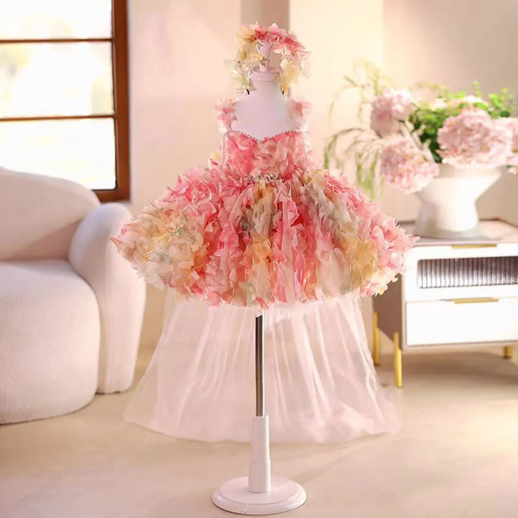 Dreamy Vow Elegant Cute Pearl Embellished Sling Tulle Pink Flower Girl Dress Wedding Holiday Party Knee-Length Ball Gown D084