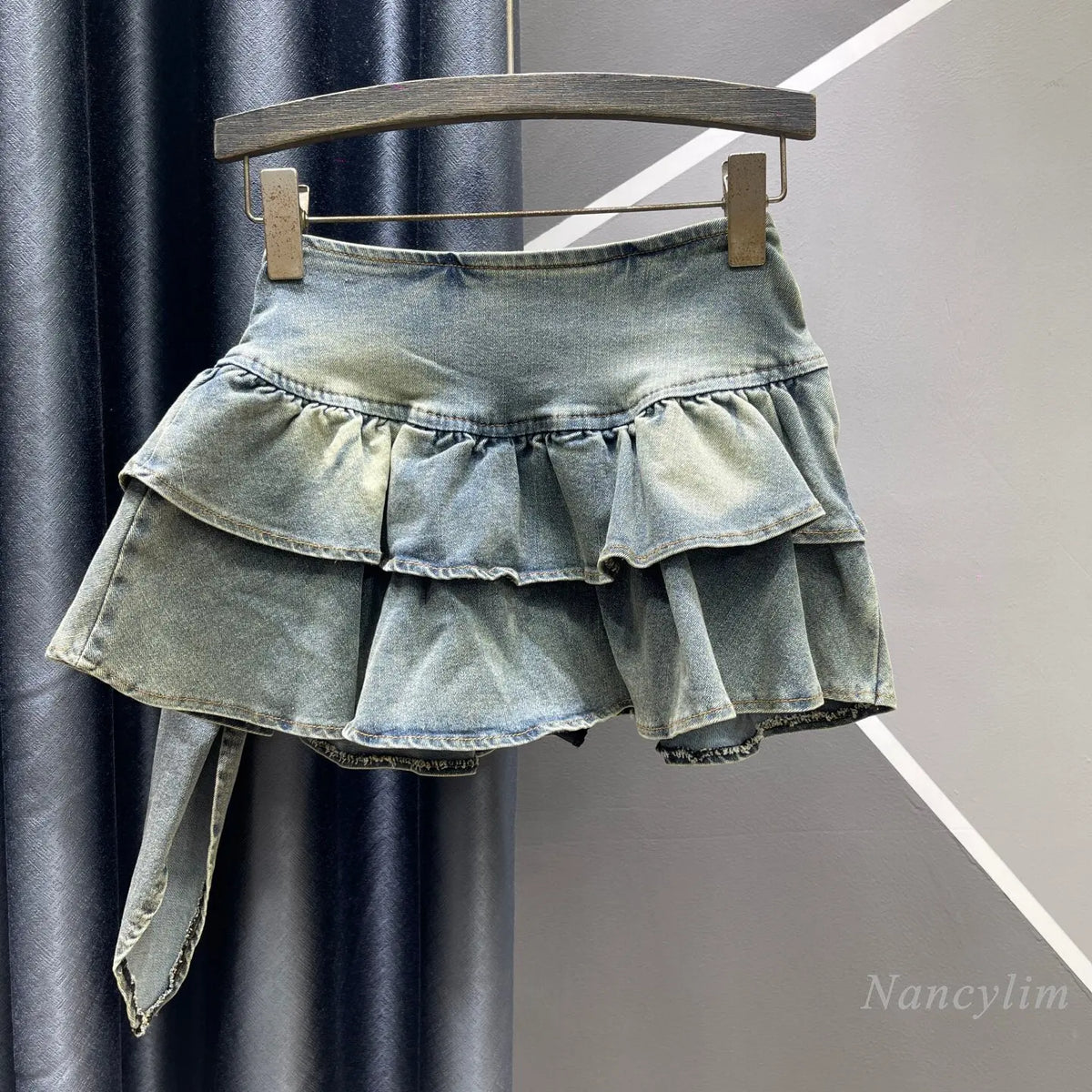 2026 Autumn New Spice Girl Retro Denim Cake Skirt, Women's High Waist Layered Ruffle Leaf Edge Mini Skirt, Blue Black Faldas