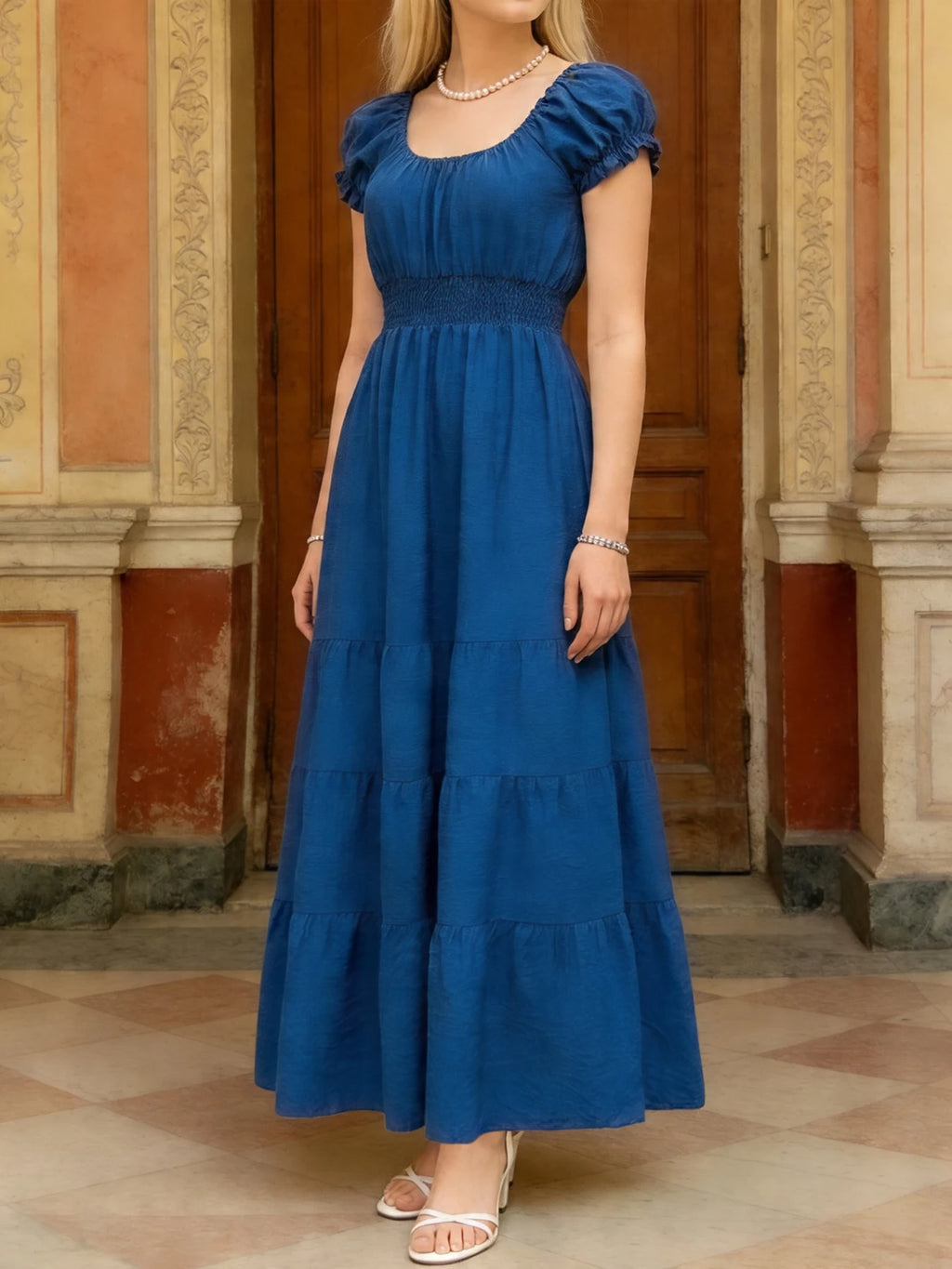Multi-Color Casual Solid Square Neck Bubble Sleeve Elastic Waist Tiered Flowy Maxi Dress For Women