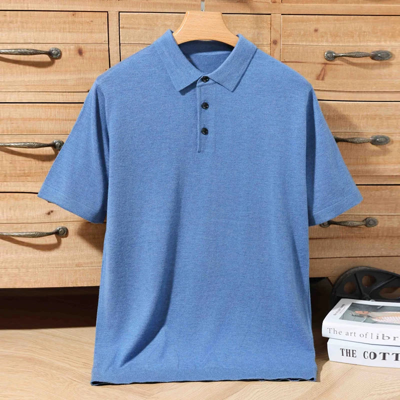 Summer 100% Merino Wool Men'S Lapel Pullover Short Sleeve Polo Neck Sweater Loose Top Business Casual Knit T-Shirt