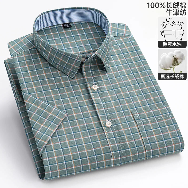 100% Cotton Breathable Men Oxford Short Sleeve Summer Plaid Striped Male Shirt Business Regular Fit Oversized Clothes