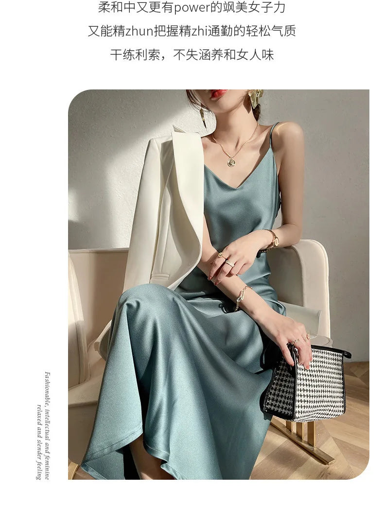 Sexy Solid Color Camisole Nightgown for Women Midi Length Sleeveless Slip Dress Inner Layer Base Dress Home Sleepwear Nightwear