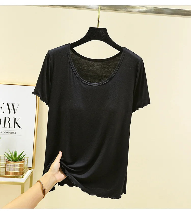 Modal No- Bra T-Shirt One-Piece Short Sleeve Women Summer Wear Casual Solid Color Base Layer Outdoor Wear round Neck T-Shirt