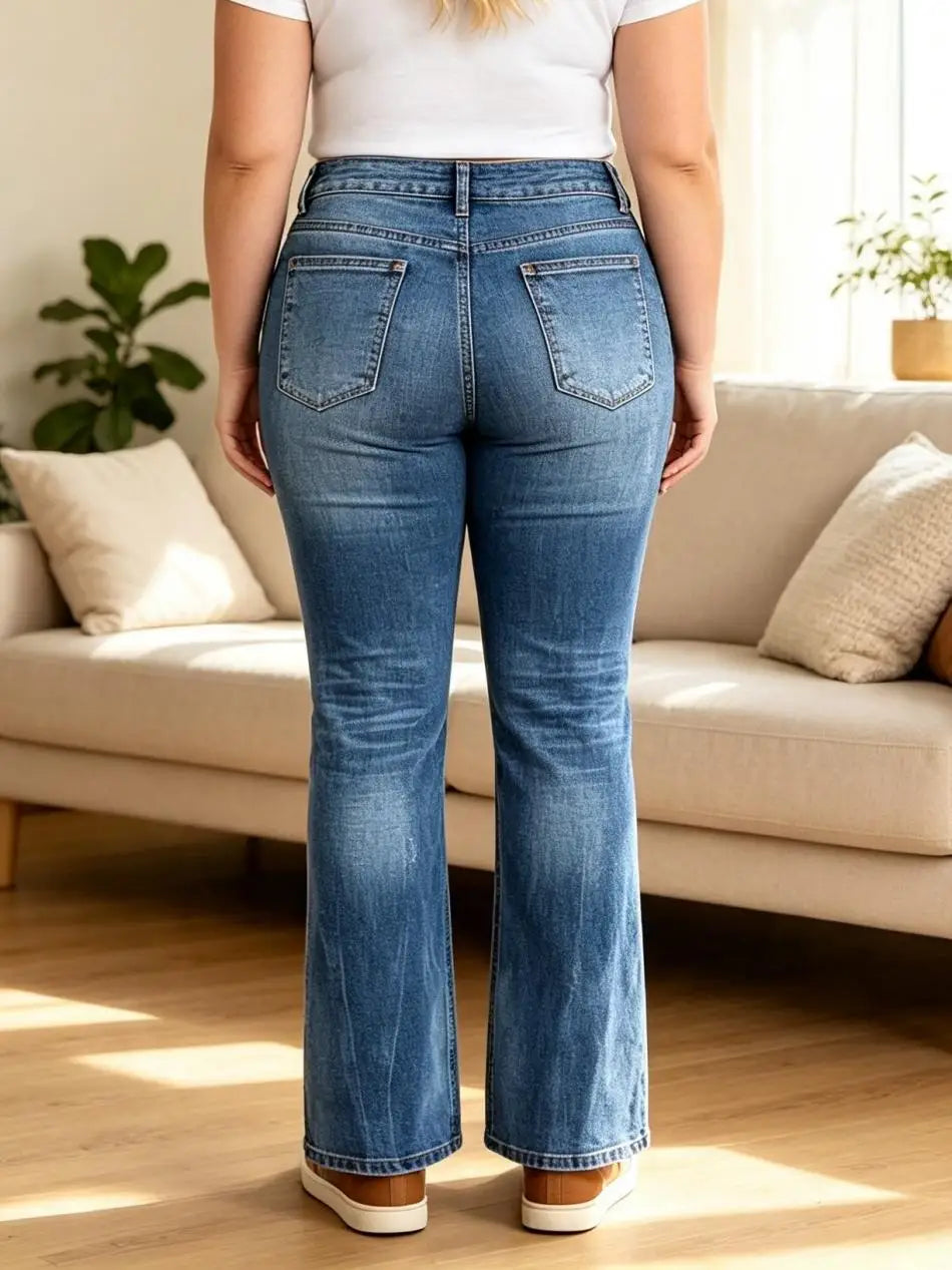 【HME】Jeans | Stretchy Medium Wash Denim Pants For Ladies, Figure-Flattering Bootcut Flare Denim Jeans With Subtle Distressed Details, All-Day Comfort Fabric, Versatile Casual Pants For Shopping, Work And Leisure Occasions