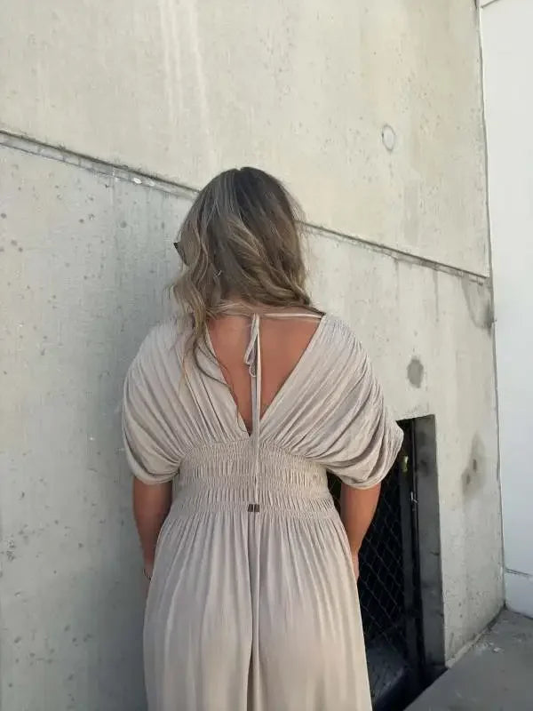 Slit V-neck Effortless Maxi Dress Solid Color Women Backless Leace-up Bat Sleeve Slit Dress Casual Beach Vacation Daily Wear