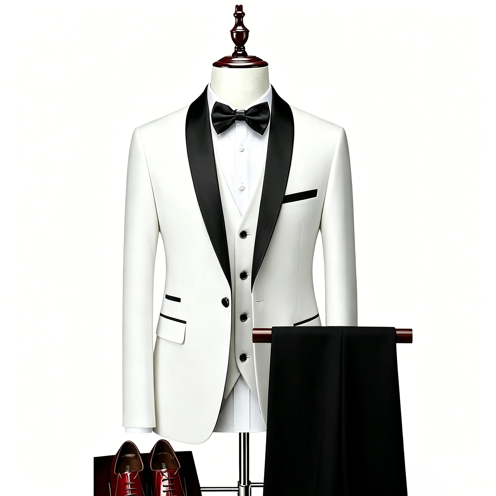 US Size XXS-3XL Men's 3 Piece Tuxedo Suit Set, Black Satin Shawl Lapel Slim Fit Blazer Vest Pants for Wedding Groom Party Prom