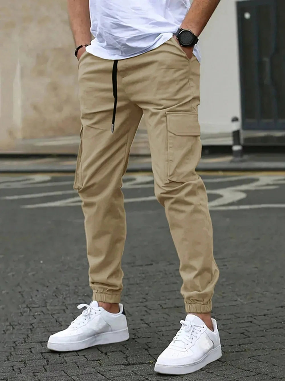 Men Elastic Drawstring Cargo Jogger Pants Multi Pocket Casual Streetwear Hip Hop Jogging Sweatpants Daily Work Trousers