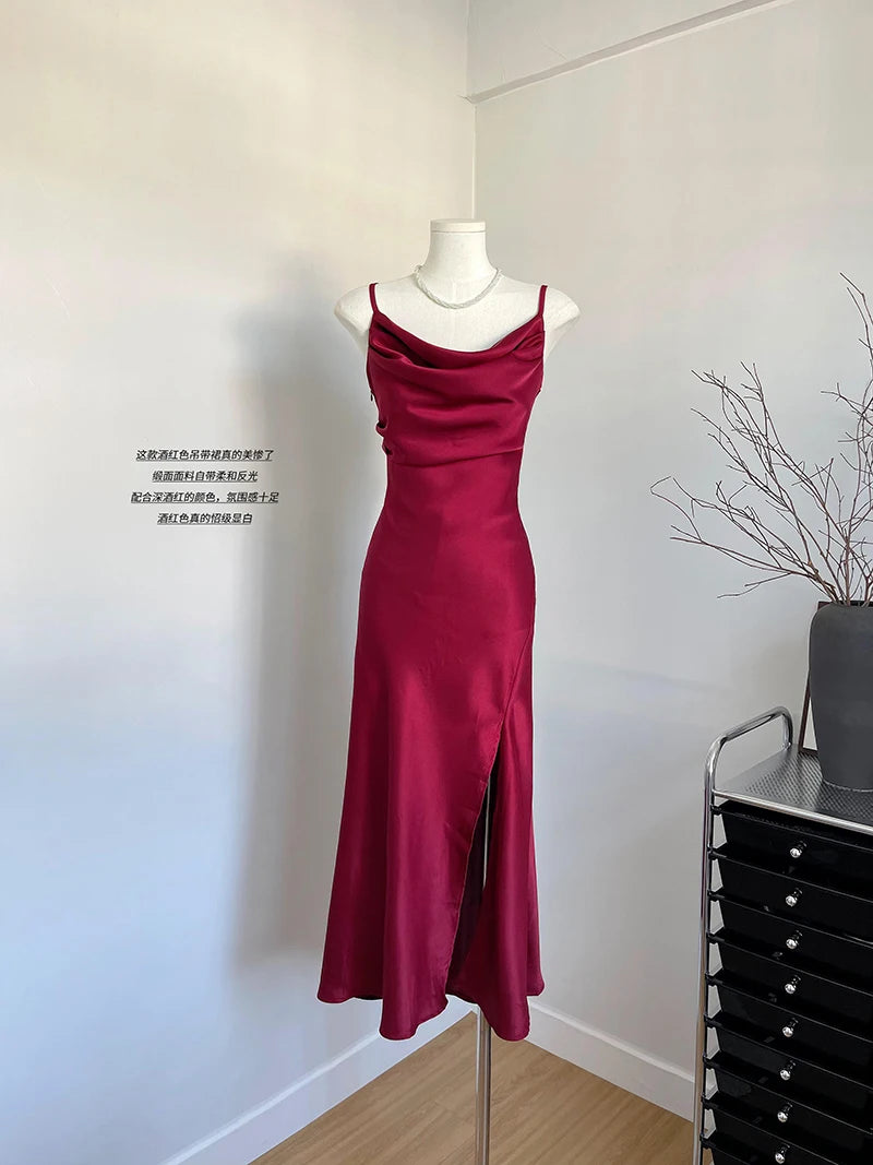 Women's Sexy Swinging Collar Satin Strap Long Dress Lady Summer Solid Color Slim Pleated Wasit Split Party Dress
