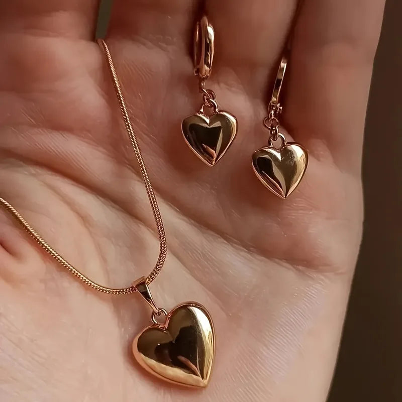 Glossy Gold Plated Metal Love Heart Dangle Earrings Necklace Jewelry Set For Women'S Dainty Daily Wear Outfit Accessories